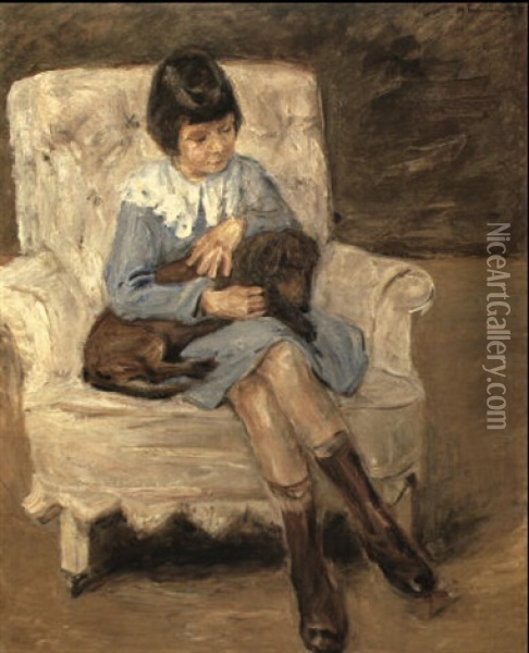 Maria Riezler-white. With Dachshund On Her Knee Oil Painting - Max Liebermann