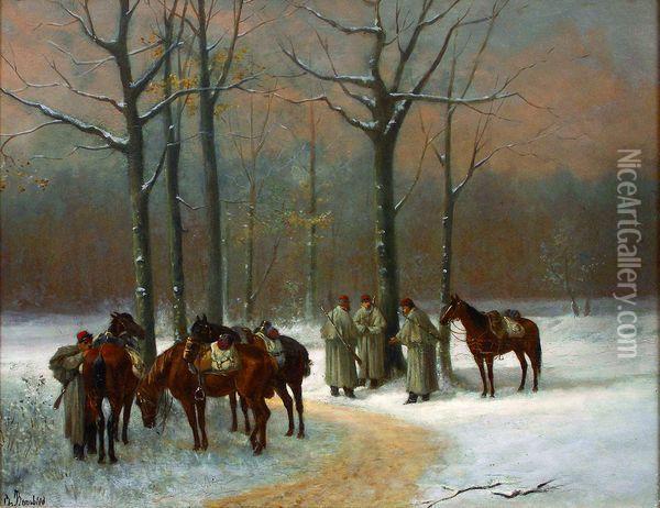 Cavaliers Dans Un Sous-bois Enneige. Oil Painting - Charles Bombled