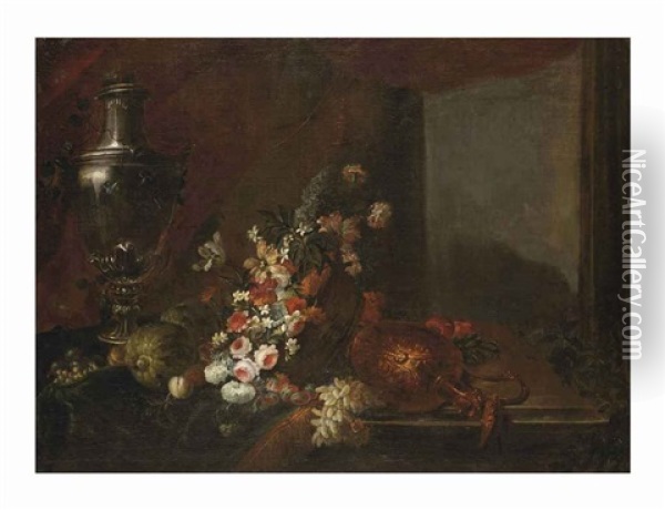 An Urn, A Wicker Basket Filled With Flowers And A Golden Can, All On A Wooden Ledge Oil Painting - Alexandre Francois Desportes