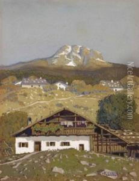 Tiroler Bauernhauser Auf Der Alm Oil Painting - Oskar Von Kleiner