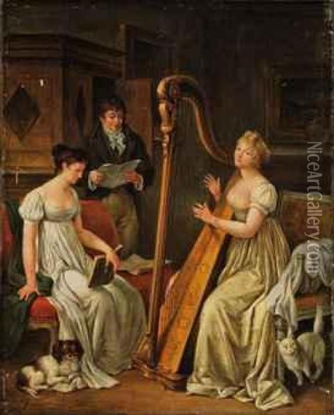 Elegant Figures Making Music In An Interior Oil Painting - Marguerite Gerard