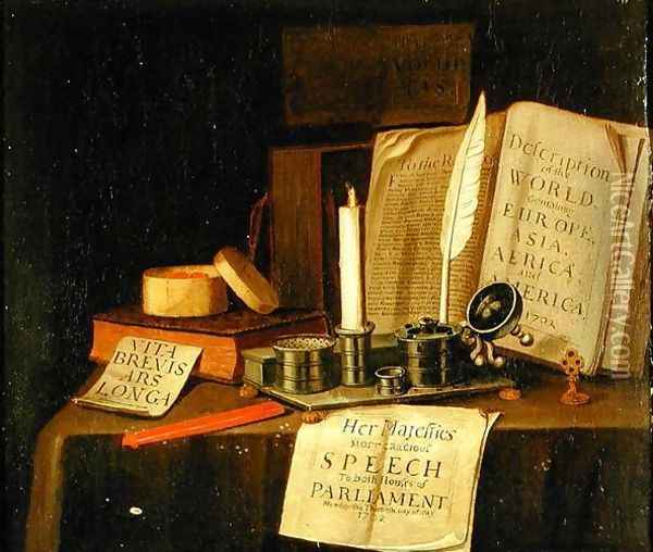 A Trompe L'Oeil With A Pewter Ink Stand, Books And Papers, 1702 Oil Painting - Edwart Collier