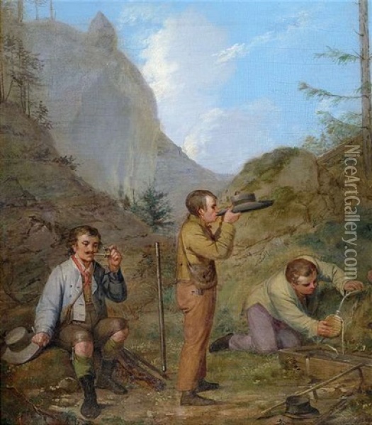 Herren Purgstall Bey Der Rast (+ Herren Purgstall Auf Der Lauer; Pair) Oil Painting - Rudolph Swoboda the Elder