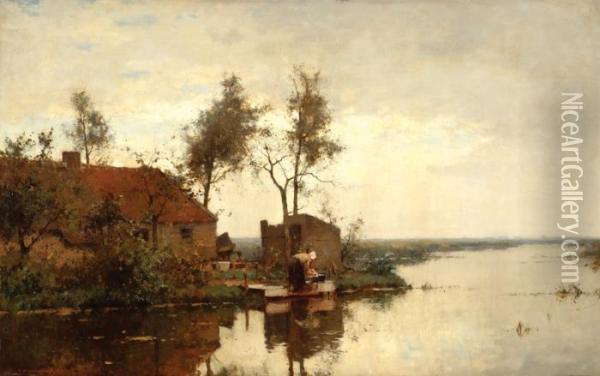 A Woman Doing Laundry In Front Of Her House By The Water Oil Painting - Cornelis Vreedenburgh