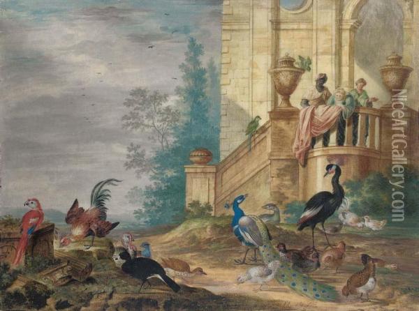 Birds In The Grounds Of An Elegant House, Including Ared Macaw, A Green Parrot, A Peacock And Peahen, A Turkey Andhens Oil Painting - Johannes Bronkhorst