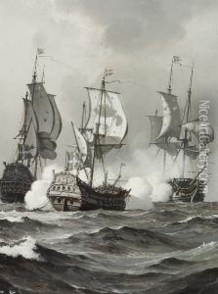 Six Grisailles With Naval Battle Scenes From The Danish Swedish War Oil Painting - Carl Johan Neumann