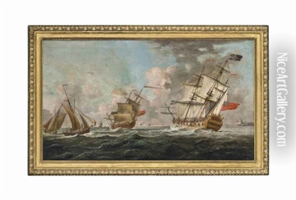 Warships Of The Royal Navy Heeling In The Breeze Off, What Has Traditionally Been Identified As, Castle Cornet, St. Peter Port, Guernsey Oil Painting - Peter Monamy