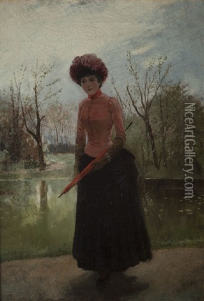 Elegant Lady In A Park Oil Painting - Jozef Wodzinski