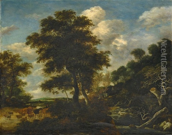 Waldlandschaft Mit Vieh Oil Painting - Jacob Salomonsz van Ruysdael
