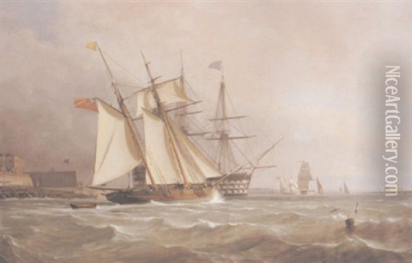 A Trading Schooner Overhauling A First Rate Off Garrison Point, Sheerness Oil Painting - Oswald Walters Brierly