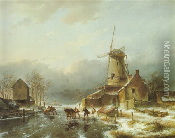 An Icy River By A Windmill Oil Painting - Andreas Schelfhout