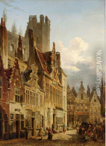 A Busy Market Scene In The Streets Of Gand Oil Painting - Francois Jean Louis Boulanger