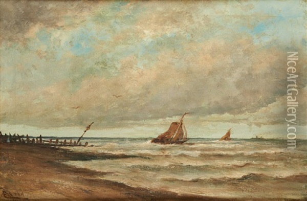 Mer Agitee Et Barques Pres De Lombartzyde Oil Painting - Louis Artan De Saint-Martin