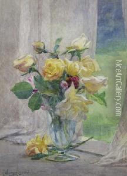 Roses On A Window Ledge Oil Painting - Arthur Winter Shaw