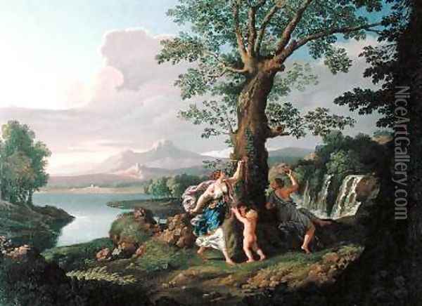 River Landscape with a Nymph Plucking a Branch from a Bleeding Tree Oil Painting - Andrea Locatelli