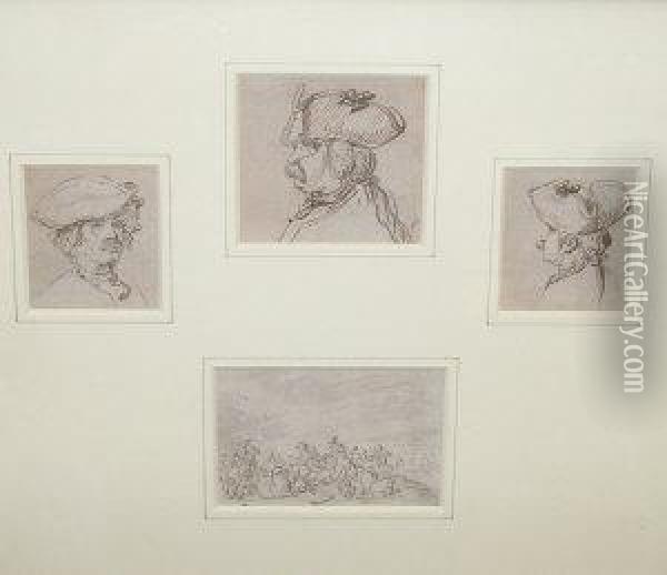 Battle Scene And Three Head Studies Of A Gentleman Oil Painting - Charles Parrocel