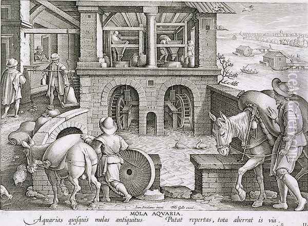A Water Mill, plate 11 from Nova Reperta New Discoveries engraved by Philip Galle 1537-1612 c.1600 2 Oil Painting - Giovanni Stradano