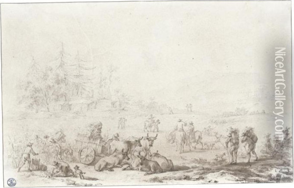 A Landscape With Peasants Gathering Grapes Oil Painting - Nicolaes Berchem