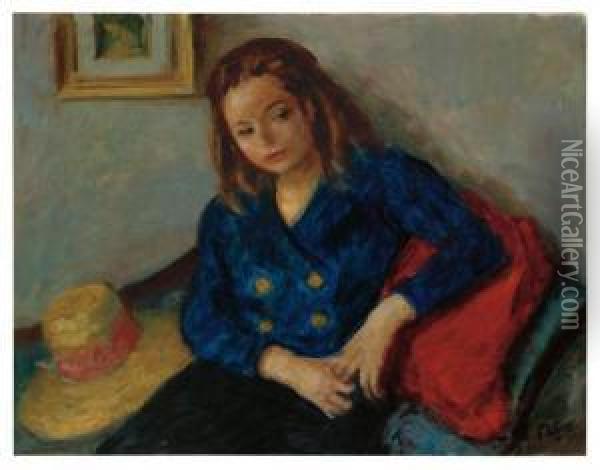 Seated Girl With Hat. Oil Painting - Robert Phillips