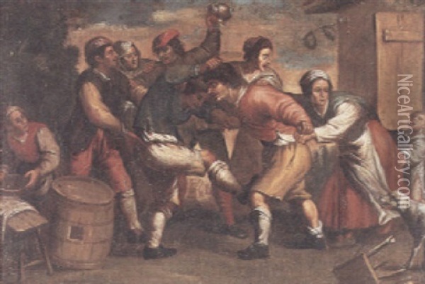 A Scene Outside A Tavern With Figures Brawling Oil Painting - Paolo Monaldi