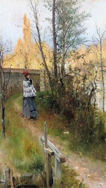 Karin I Grez, Hostmotiv (karin In Grez, Autumn Motif) Oil Painting - Carl Olof Larsson