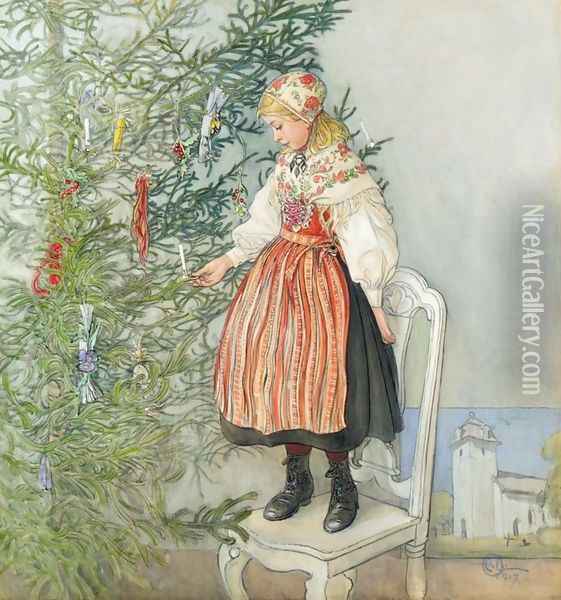 Decorating the Tree (Julgranskonfekt) Oil Painting - Carl Larsson