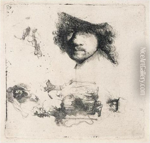 Sheet Of Studies: Head Of The 
Artist, A Beggar Couple, Heads Of An Old Man And Old Woman (b., 
Holl.363; H.90; Bb.32-1) Oil Painting - Rembrandt Van Rijn