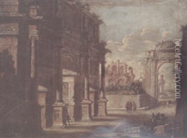 A View Of Roman Ruins With An Elegant Figure Under An Archway And Other Figures In The Foreground Oil Painting - Giovanni Ghisolfi