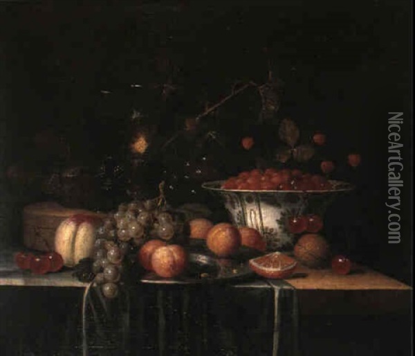 Still Life With Fruit, Kraak Porcelain Bowls, Silver Tazza, A Roemer, Shrimp And A Crab Oil Painting - Theodor van Aenvack