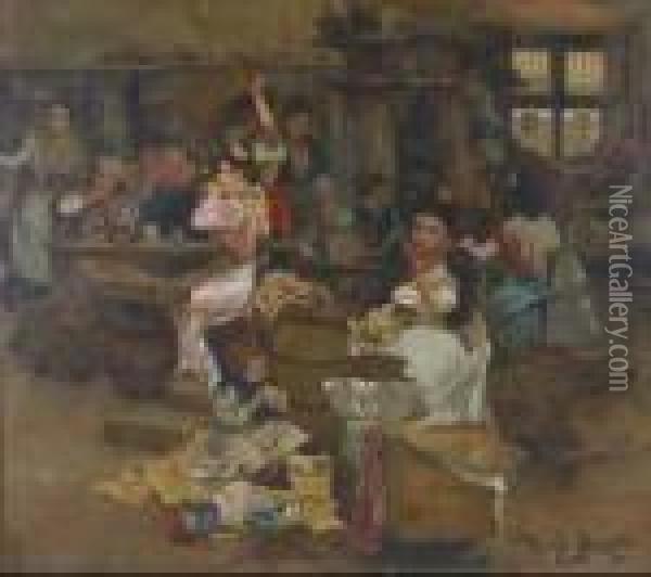 A Busy Kitchen Interior With Women Working Oil Painting - Ricardo Brugada y Panizo