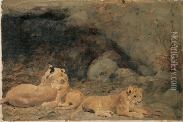 Lowin Mit Zwei Jungen Oil Painting - Wilhelm Friedrich Kuhnert
