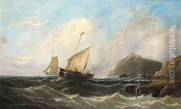 Fishermen hauling in their nets off a rocky headline with a ruined castle Oil Painting - John Callow