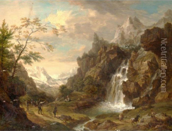 An Extensive Alpine Landscape With Figures Beside A Stream Oil Painting - Christian Georg Schuttz II