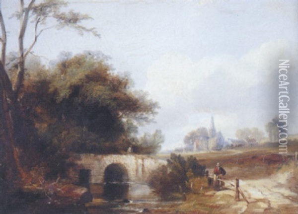 Landscape With Figure Leaning Against A Wooden Fence Beside A Stone Bridge, A Parish Church Beyond Oil Painting - George Barrell Willcock
