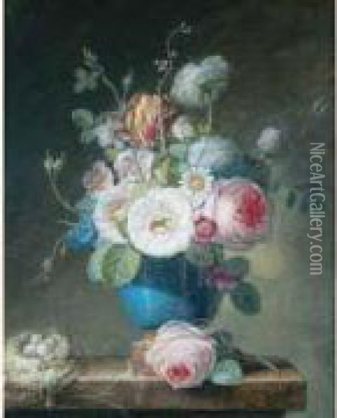 Vase De Fleurs Avec Un Nid Poses Sur Un Entablement. Oil Painting - Jean-Louis Sauce