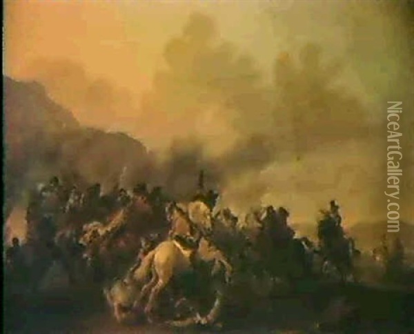 Choc De Cavalerie Dans Un Paysage                           Italianisant Oil Painting - Anthonie Palamedesz