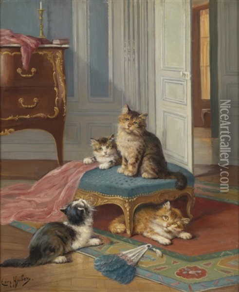 Die Katzenfamilie Oil Painting - Leon Charles Huber