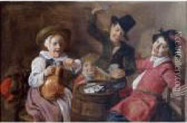 Children Playing Cards Around A Barrel Oil Painting - Jan Miense Molenaer