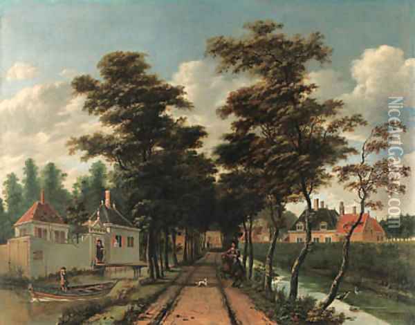 An avenue between two canals with a horseman and a dog Oil Painting - Jan Gabrielsz. Sonje