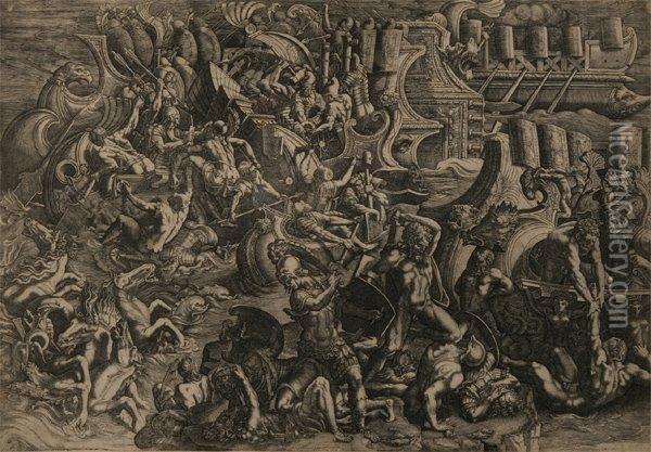 Bataille Navale Entre Les Troyens Et Les Grecs Gravure Oil Painting - Giovanni Battista Ghisi