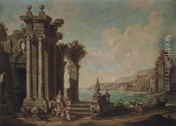 A Mediterranean Harbour With A Capriccio Of Classical Ruins And A Soldier On Horseback Oil Painting - Giovanni Ghisolfi