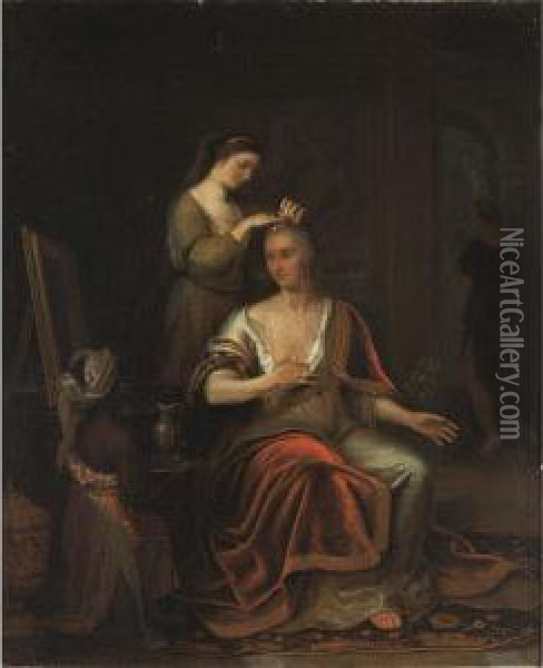 A Lady Making Her Toilet With 
Her Maidservant, A Black Servant Holding A Jug In The Foreground Oil Painting - Thomas van der Wilt