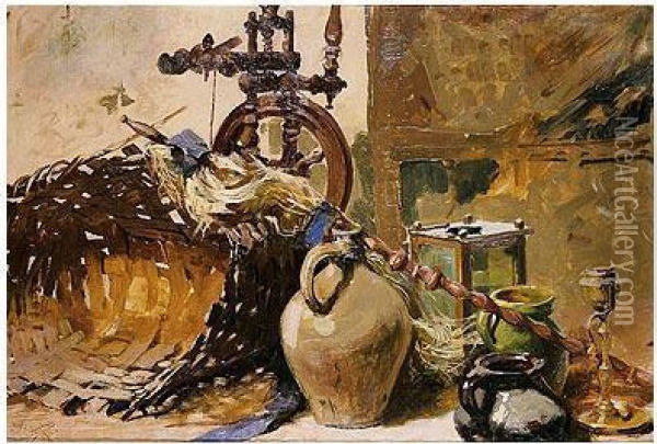 Bodegon Con Rueca, Cesto Ybotijo Oil Painting - Ricardo Arredondo Y Calmache