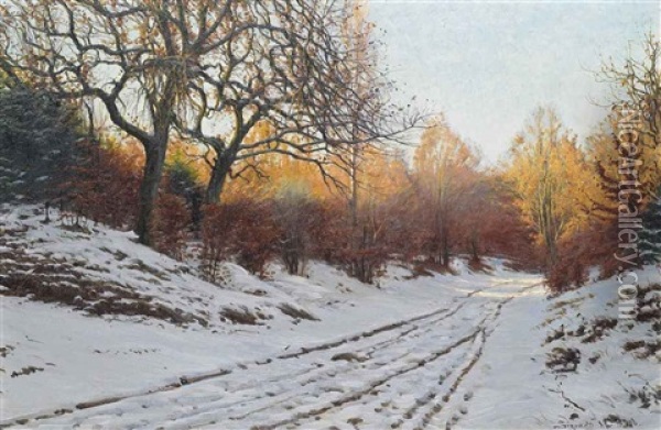 A Snow Covered Track In Winter Oil Painting - Sigvard Marius Hansen