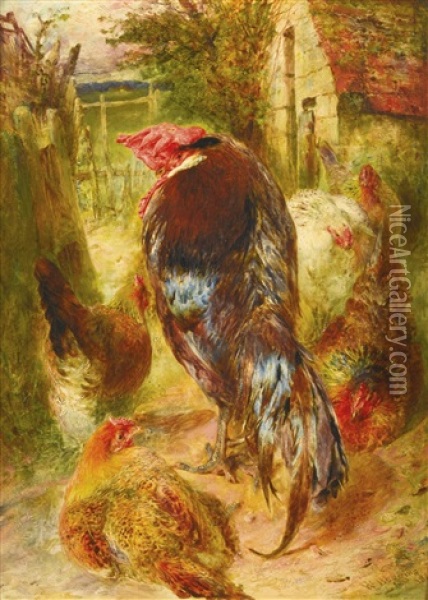 Cockerel And Hens In A Farmyard Oil Painting - William Huggins
