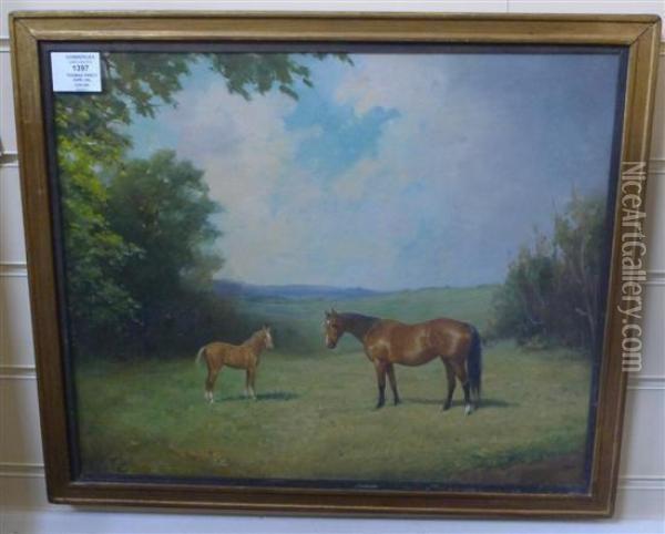 Horses In A Landscape Oil Painting - Percy Earl