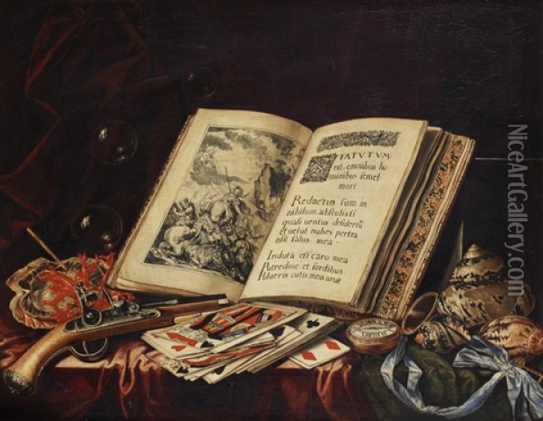 A Still Life Of An Open Book, Bubbles, Coral, A Flintlock Pistol, Playing Cards, A Pocket Watch On A Blue Silk Ribbon And A Variety Of Shells On A Table Draped With A Red And A Green Cloth Oil Painting - Simon Renard De Saint-Andre