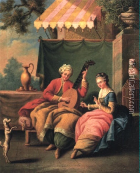 Young Lady Making A Dog Beg As A Youth In Turkish Costume Plays Guitar Oil Painting - Carle van Loo