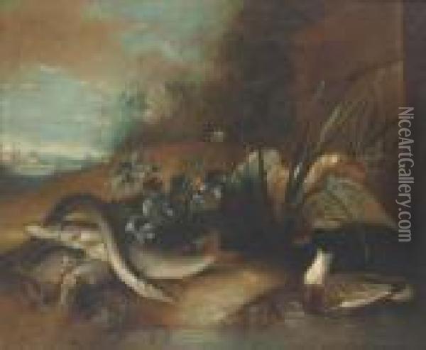 Dead Fish By A Pond With Ducks In A Wooded Clearing Oil Painting - Pieter III Casteels