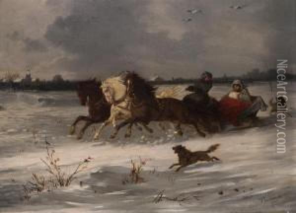 Wilde Schlittenfahrt Im Russischen Winter Oil Painting - Hans Looschen
